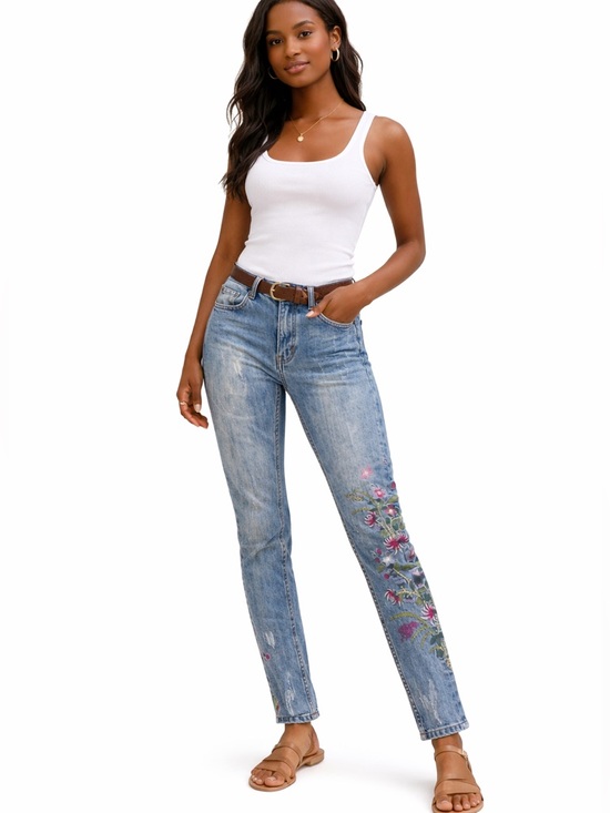 Jella Couture Denim - Floral Embroidered Jeans Women 28 Boho Skinny Blue Denim